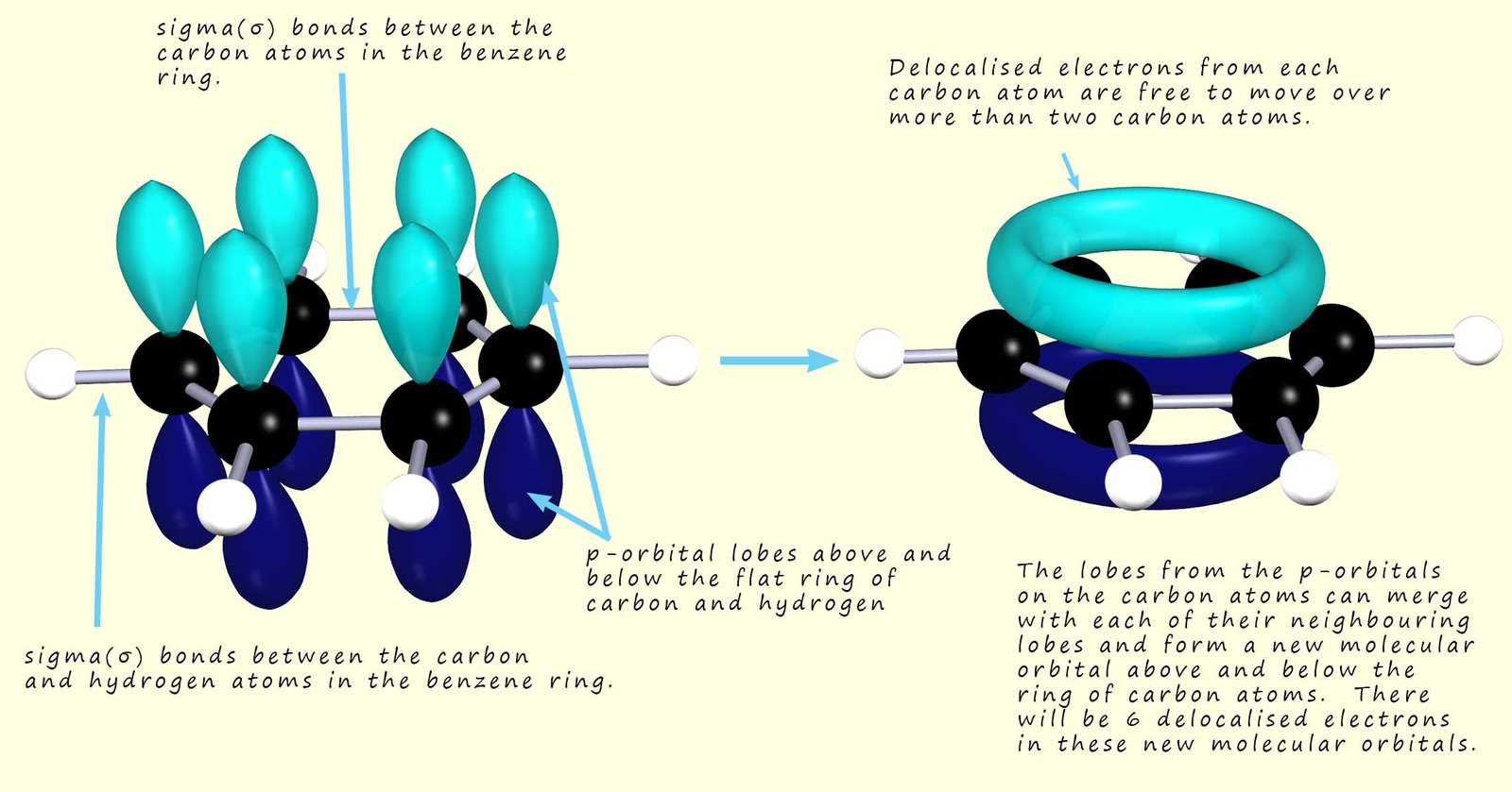 3d model to show the structure of a benzene ring with the sigma, pi and delocalised electrons all shown